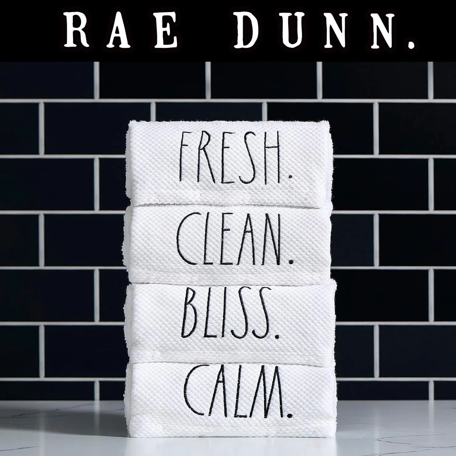 Rae Dunn Hand Towels, Embroidered Decorative Hand Towel for Kitchen and Bathroom, 100% Cotton, White- Fresh/Clean/Calm/Bliss, 16"x 28"