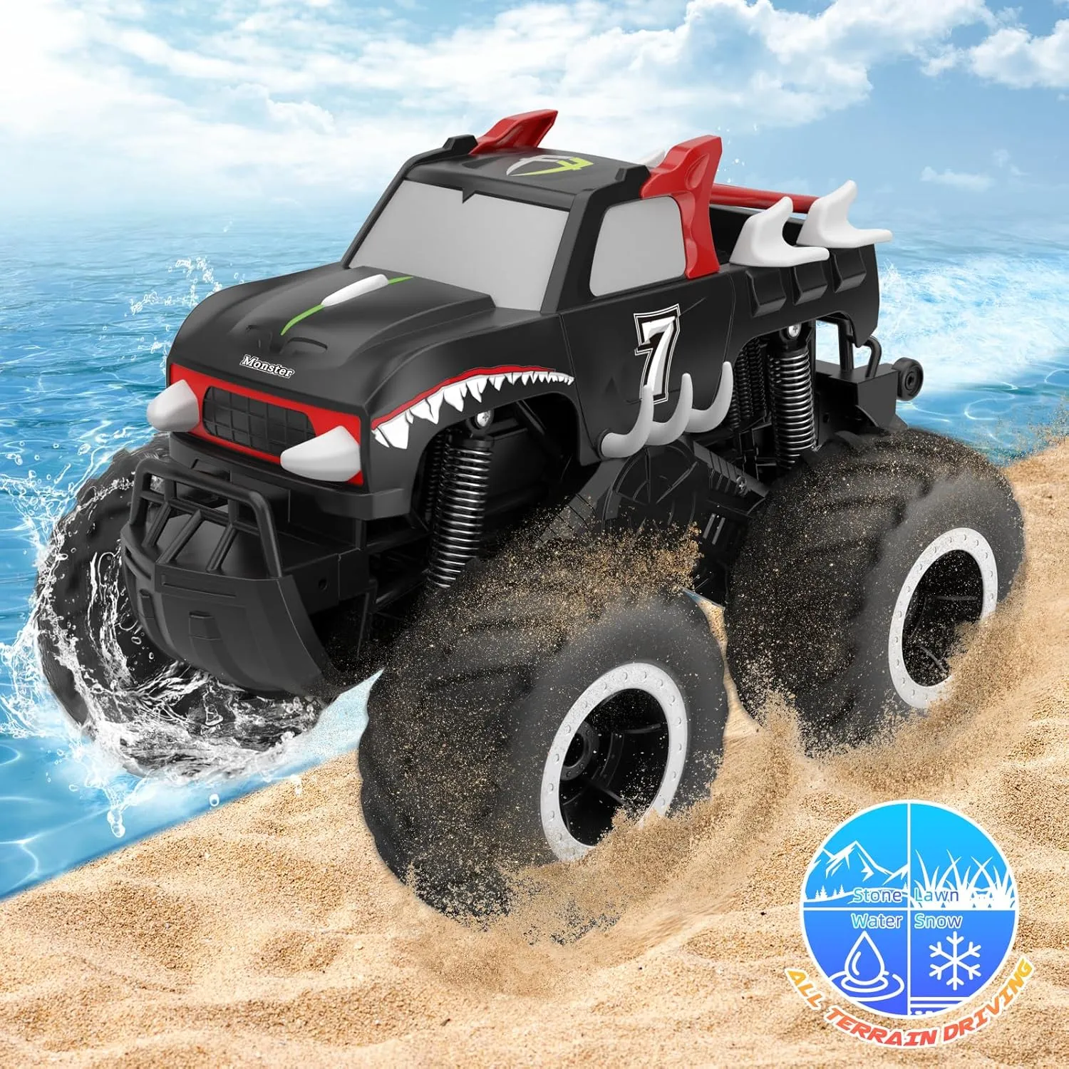 RC Monster Truck 1:16, Electric 4WD Rock Crawler Scale Remote Control Truck Toy Cars, Waterproof & Dustproof Electric Vehicle Toys Car for Ages 6-12 (Red)