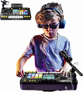 Rechargeable Kids DJ Mixer, LED Light Show & Karaoke Microphone - Interactive Music Toy with 12 Sound Keys, 8 Piano Keys & Custom Recording for Ages 4-8 
