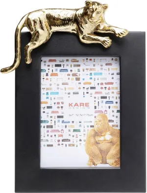 Relax Tiger Design Picture Frame, Black/Gold, Decorative Frame, Tiger Motif, Steel Frame, Glass Front, Vertical, Handmade, Unique, 29 x 24 cm (L x W)
