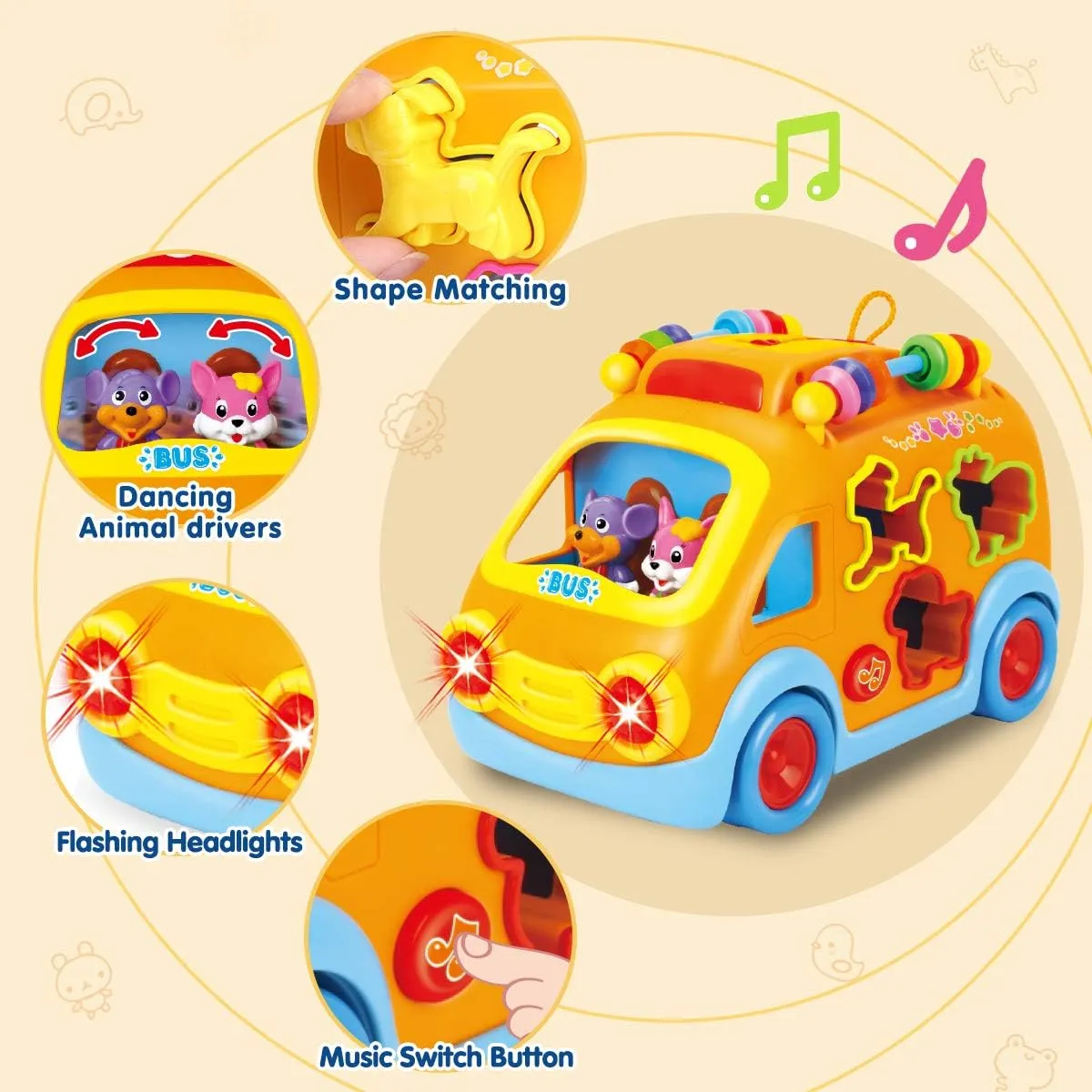 REMOKING Baby Electronic Musical Bus Toys with Lights & Music,Shape Color Sorter,Rotating Gear,Early Development, Learning Toys,Educational Preschool Girls Boys Toddlers Kids