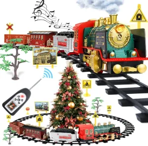 Remote Control Train Set - Electric R/C Train Toy for Kids w/Smokes,Lights & Sound,Railway Kits w/Steam Locomotive Engine,Cargo Cars & Tracks, Christmas Toys for 3   Year Old Kids