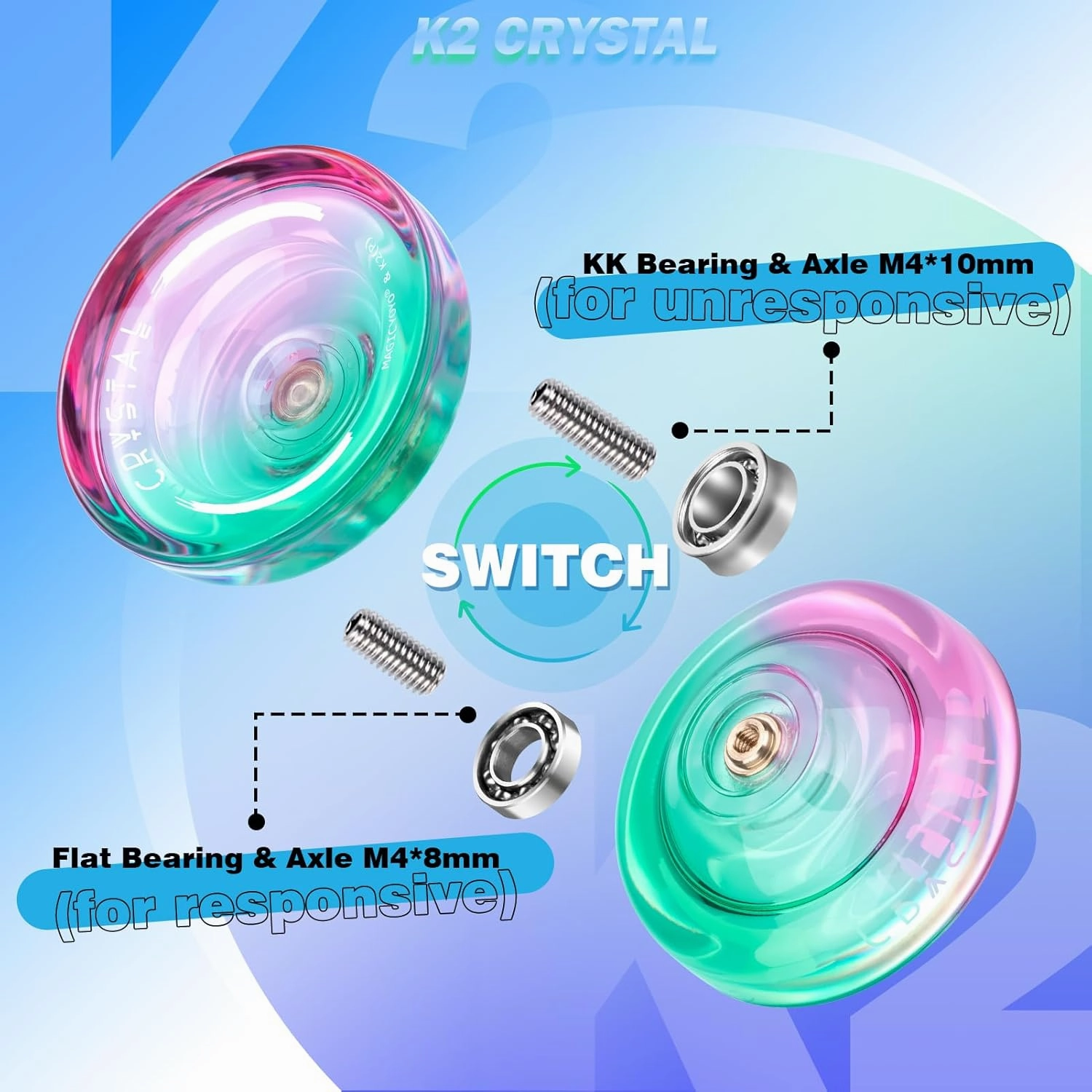 Responsive Yoyo K2 Crystal, Plastic Yoyo Kids Beginners，Dual Purpose Yo-Yo Replacement Unresponsive Yoyo Bearing w/ 12 Yoyo Strings   Yoyo Case Bag   Removal Bearing Tool（Green Pink Gradient）