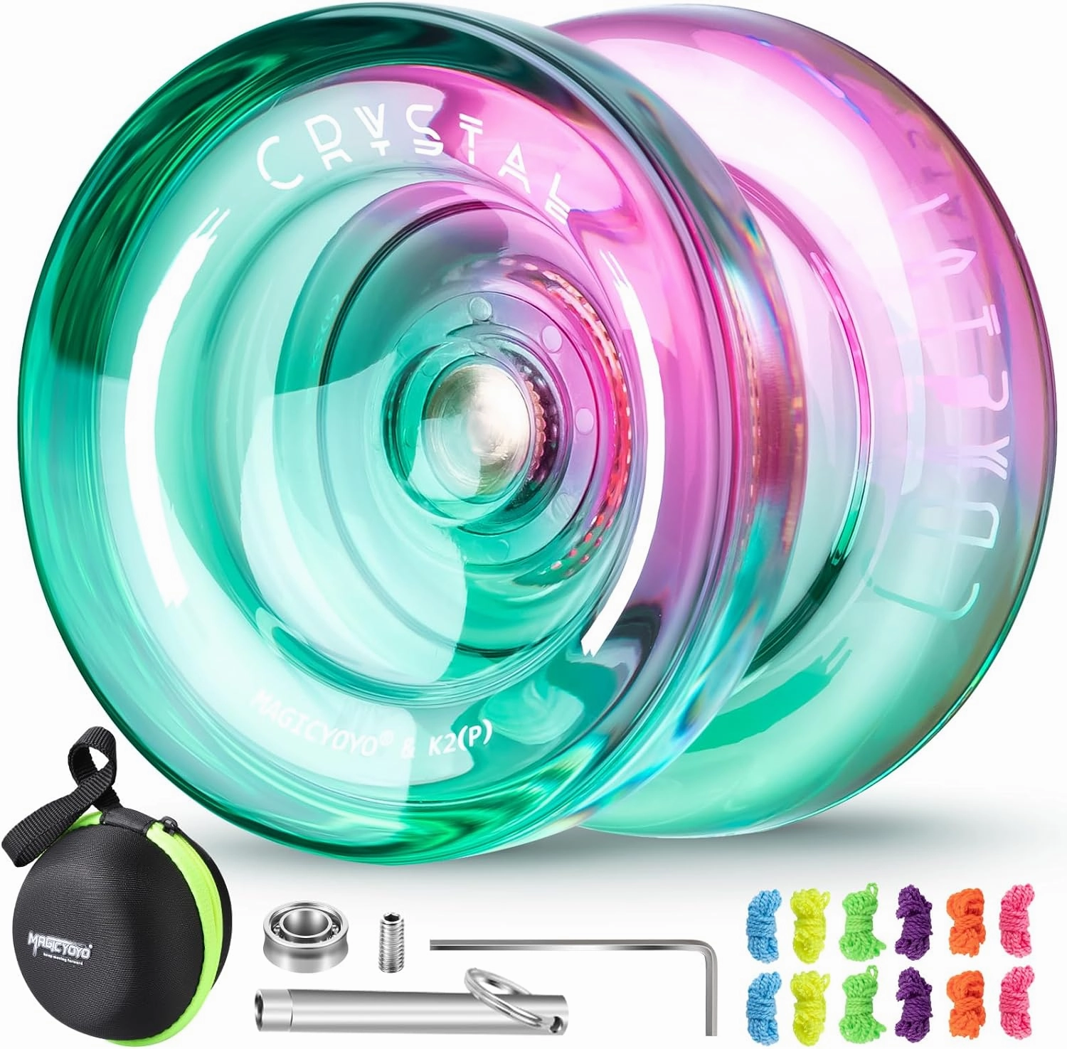 Responsive Yoyo K2 Crystal, Plastic Yoyo Kids Beginners，Dual Purpose Yo-Yo Replacement Unresponsive Yoyo Bearing w/ 12 Yoyo Strings   Yoyo Case Bag   Removal Bearing Tool（Green Pink Gradient）