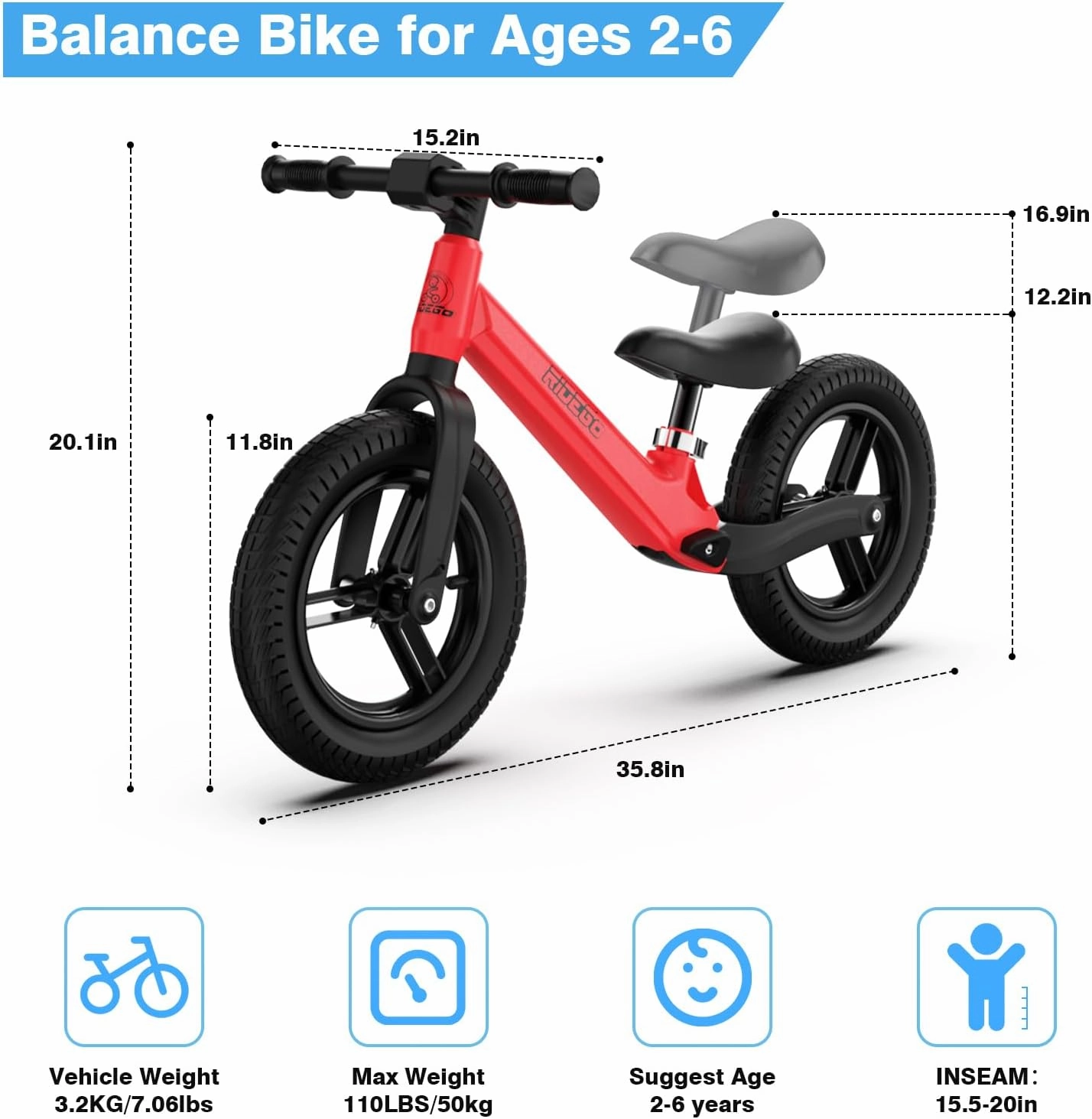Ridego 12Inch Toddler Balance Bike 2 3 Year Old,Lightweight Kids Bike with Light-Up Inflatable Tires,Ride-on Toys for 3-5 Year Old Boys Girls Birthday Gift,Red