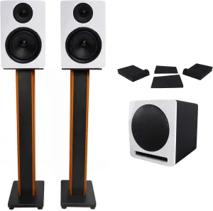 Rockville Bundle: (2) APM6W Active USB Studio Monitor Speakers Bundle with APM10W Powered Studio Subwoofer, (2) RHTSC Speaker Stands, (2) RRS190S Foam Studio Monitor Isolation Pads(7 Items)