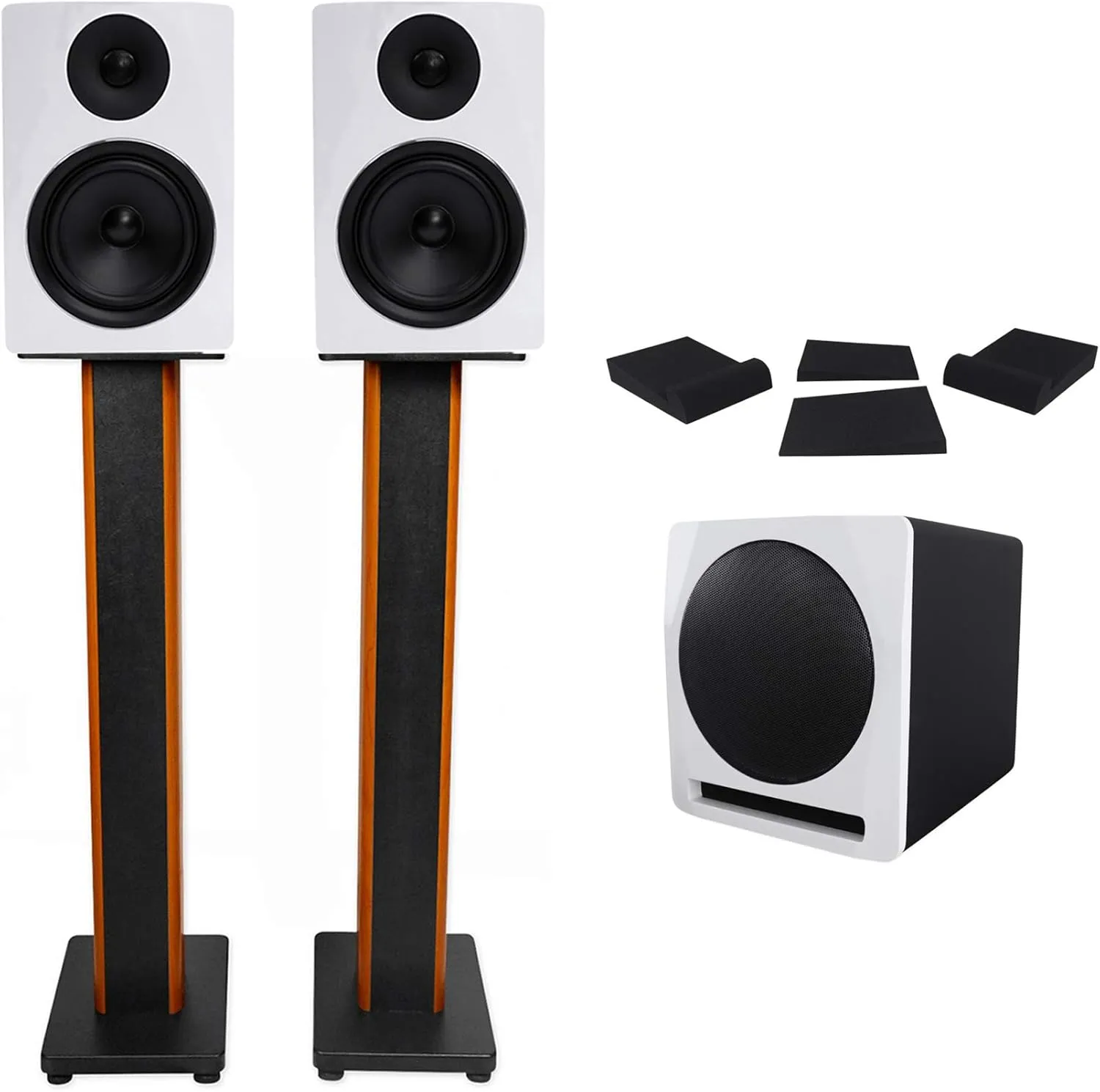 Rockville Bundle: (2) APM6W Active USB Studio Monitor Speakers Bundle with APM10W Powered Studio Subwoofer, (2) RHTSC Speaker Stands, (2) RRS190S Foam Studio Monitor Isolation Pads(7 Items)