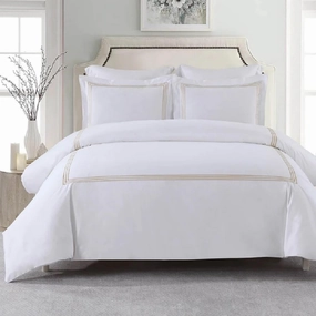 Royal Tradition 3pc Percale Duvet Cover Set (Full/Queen, Gold) Adeline Embroidered Comforter Cover with Pillow Shams