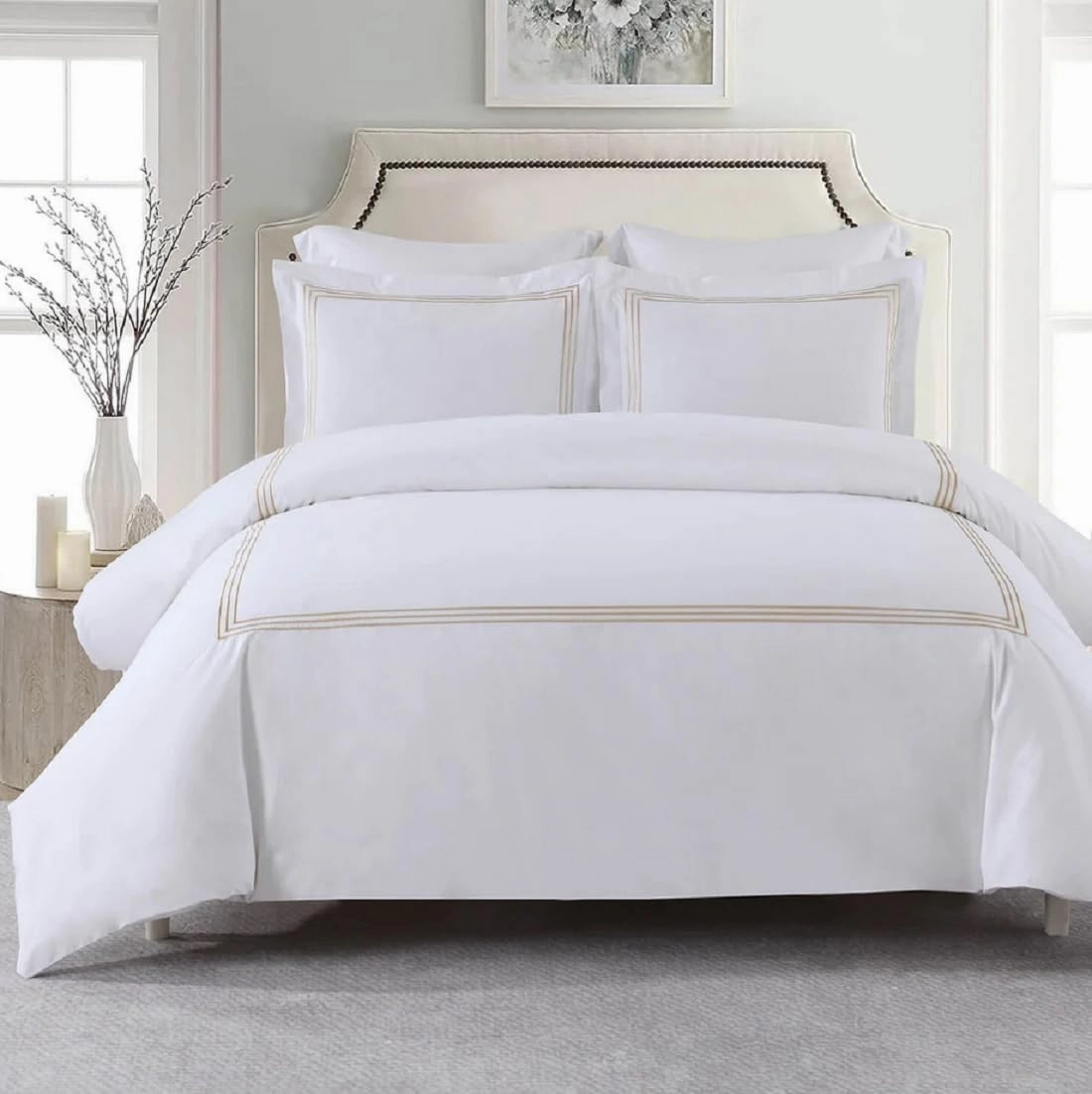 Royal Tradition 3pc Percale Duvet Cover Set (Full/Queen, Gold) Adeline Embroidered Comforter Cover with Pillow Shams