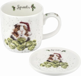 Royal Worcester Wrendale Designs Christmas Sprouts 11 Oz Mug & Coaster Set, Fine Bone China Coffee Mug with Guinea Pig in Santa Hat, Dishwasher & Microwave Safe - Festive Gift for Animal Lovers