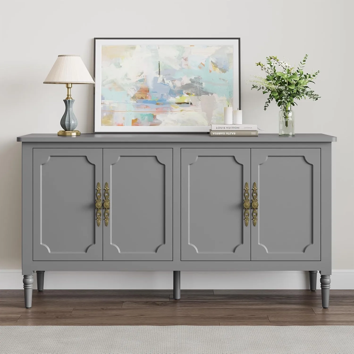 RoyalCraft Buffet Sideboard Table Set of 2, 59'' Mid Century Modern Console Table, Media Cabinet with 4 Doors, Accent Cabinet Wood Sideboard, for Entryway, Living Room, Dining Room, Dove Gray