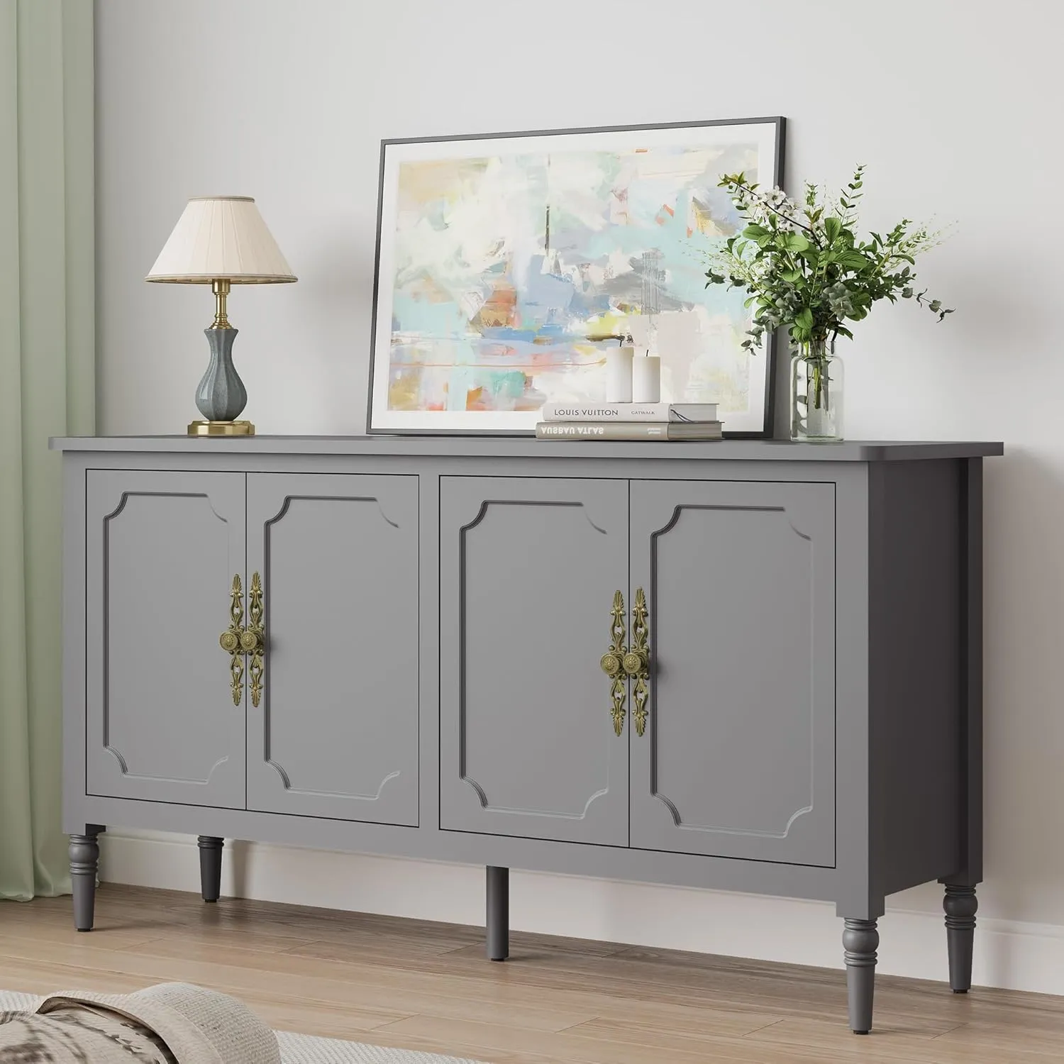 RoyalCraft Buffet Sideboard Table Set of 2, 59'' Mid Century Modern Console Table, Media Cabinet with 4 Doors, Accent Cabinet Wood Sideboard, for Entryway, Living Room, Dining Room, Dove Gray