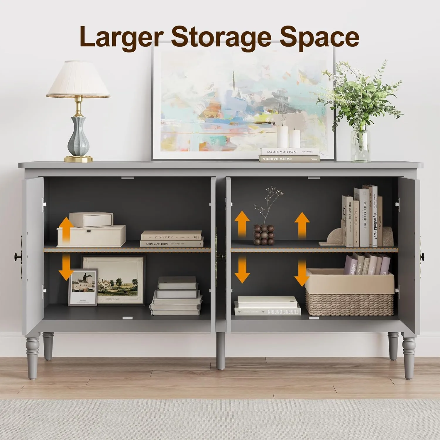 RoyalCraft Buffet Sideboard Table Set of 2, 59'' Mid Century Modern Console Table, Media Cabinet with 4 Doors, Accent Cabinet Wood Sideboard, for Entryway, Living Room, Dining Room, Dove Gray