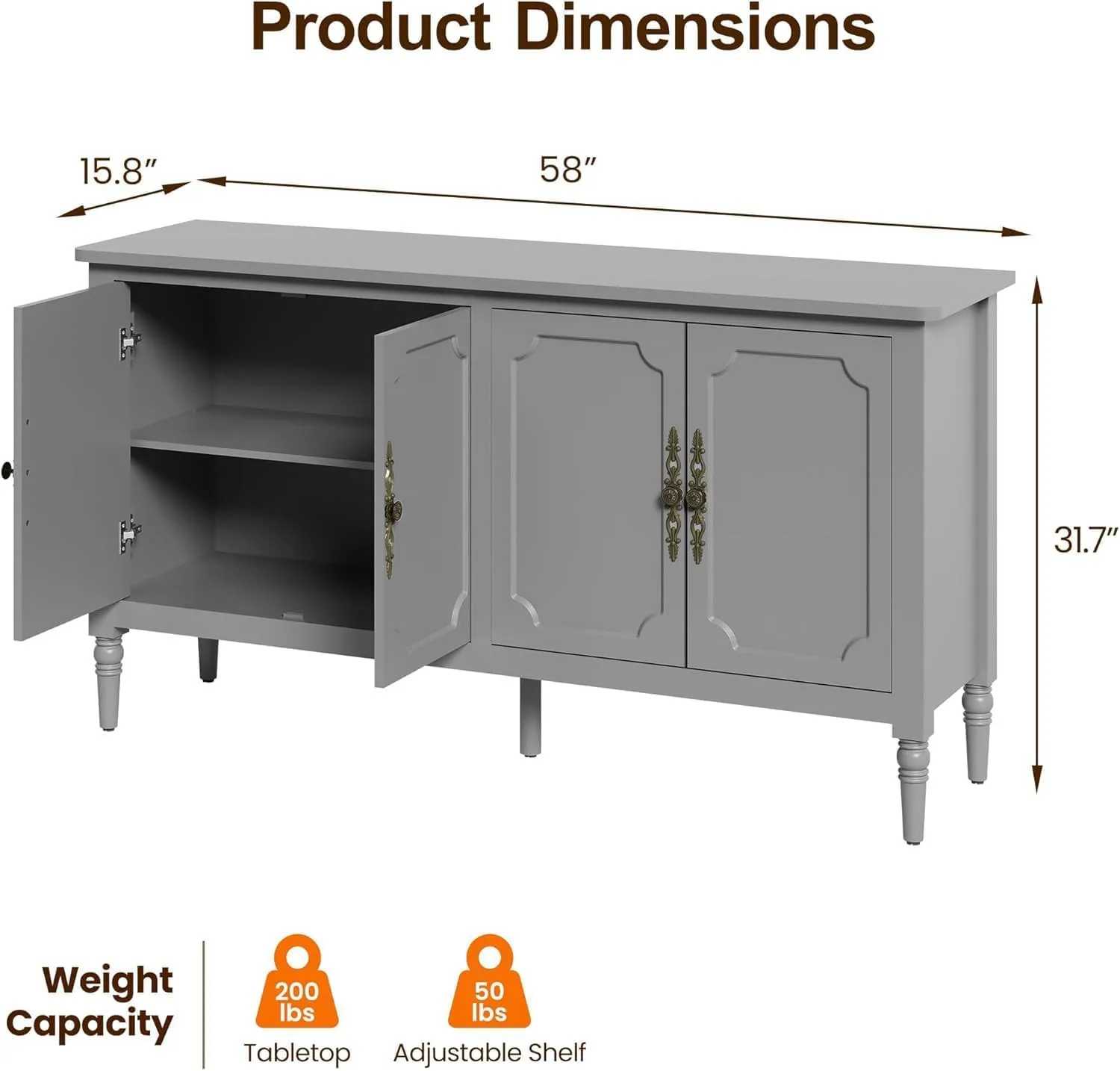 RoyalCraft Buffet Sideboard Table Set of 2, 59'' Mid Century Modern Console Table, Media Cabinet with 4 Doors, Accent Cabinet Wood Sideboard, for Entryway, Living Room, Dining Room, Dove Gray