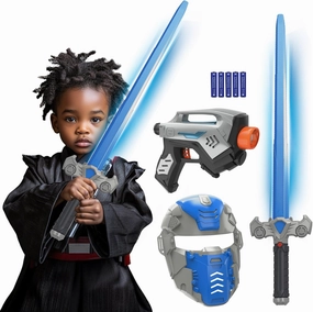 SANCO Light Up Saber Sets for Kids - Blue Light Swords, Toy Gun & Mask with FX Sound(Motion Sensitive), Glow in The Dark Toys, Halloween Party Cosplay Accessories, Birthday Gifts for Boys & Girls