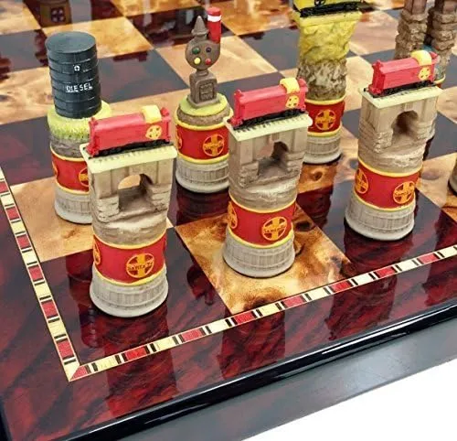 Santa Fe Trains Steam vs Diesel Train Engine Chess Set W/ 18" High Gloss Cherry & Burlwood Color Board