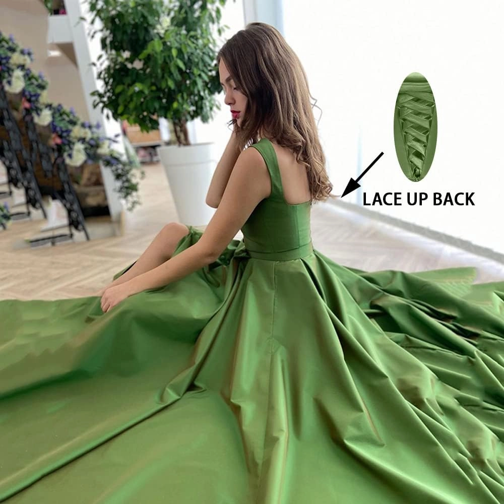 Satin Prom Dresses Sweep Train Slit Long Ball Gowns with Pockets Straps Formal Evening Party Dress for Women