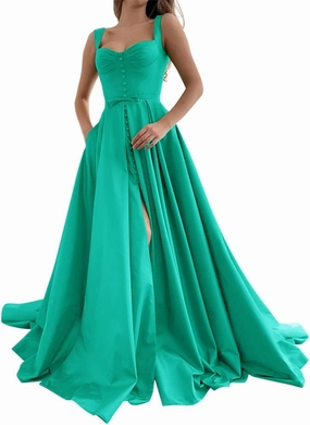 Satin Prom Dresses Sweep Train Slit Long Ball Gowns with Pockets Straps Formal Evening Party Dress for Women