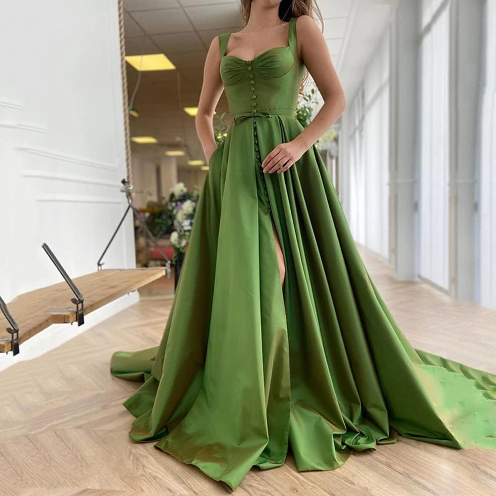Satin Prom Dresses Sweep Train Slit Long Ball Gowns with Pockets Straps Formal Evening Party Dress for Women
