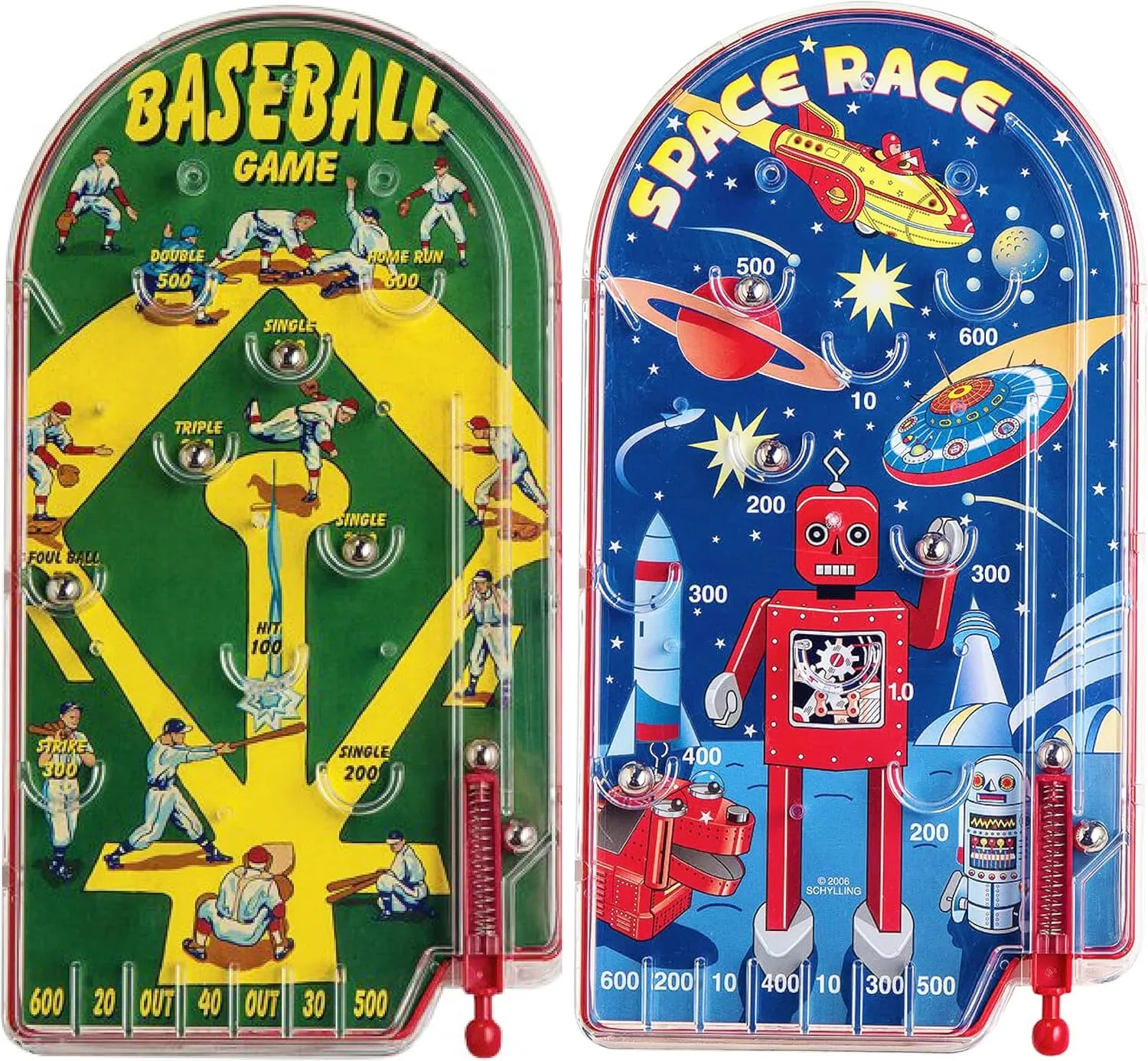 Schylling Classic 10" Pinball Games Space Race & Home Run! Baseball Gift Set Bundle - 2 Pack
