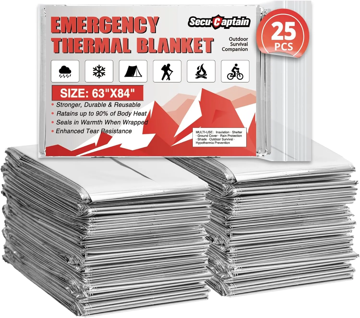 SecuCaptain Survival Emergency Thermal Blankets: Extra Large 84” x63” Space Mylar Blanket Kit for Outdoor Cold Winter Camping Hiking Car Bug Out Bag or First Aid - 25 Pack