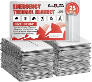 SecuCaptain Survival Emergency Thermal Blankets: Extra Large 84” x63” Space Mylar Blanket Kit for Outdoor Cold Winter Camping Hiking Car Bug Out Bag or First Aid - 25 Pack