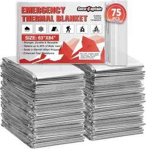 SecuCaptain Survival Emergency Thermal Blankets: Extra Large 84” x63” Space Mylar Blanket Kit for Outdoor Cold Winter Camping Hiking Car Bug Out Bag or First Aid - 75 Pack
