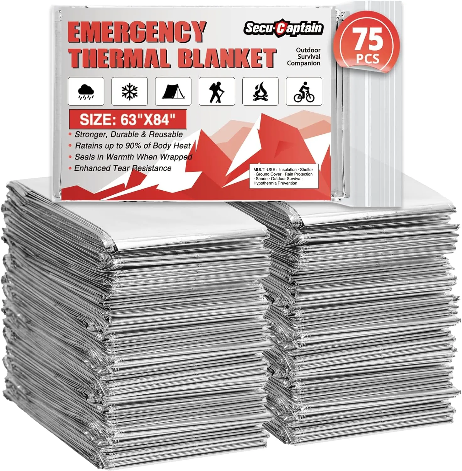 SecuCaptain Survival Emergency Thermal Blankets: Extra Large 84” x63” Space Mylar Blanket Kit for Outdoor Cold Winter Camping Hiking Car Bug Out Bag or First Aid - 75 Pack