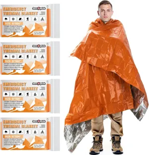 SecuCaptain Survival Emergency Thermal Blankets: Thicken 28um Space Mylar Blanket Kit for Outdoor Cold Winter Camping, Hiking, Car Bug Out Bag, or First Aid - Orange 4 Pack