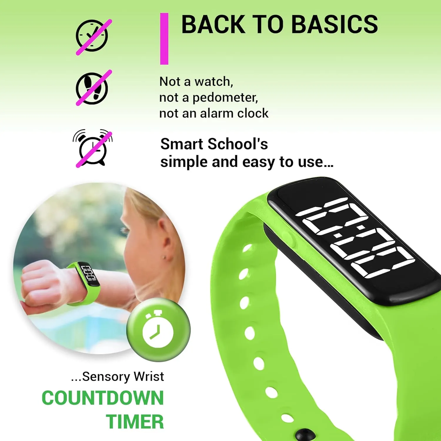 Sensory Wrist Timer for Kids, Teachers, Students, Simple Reminder Watch with Silent Alarm Clock Wristband, Classroom Countdown (Green)
