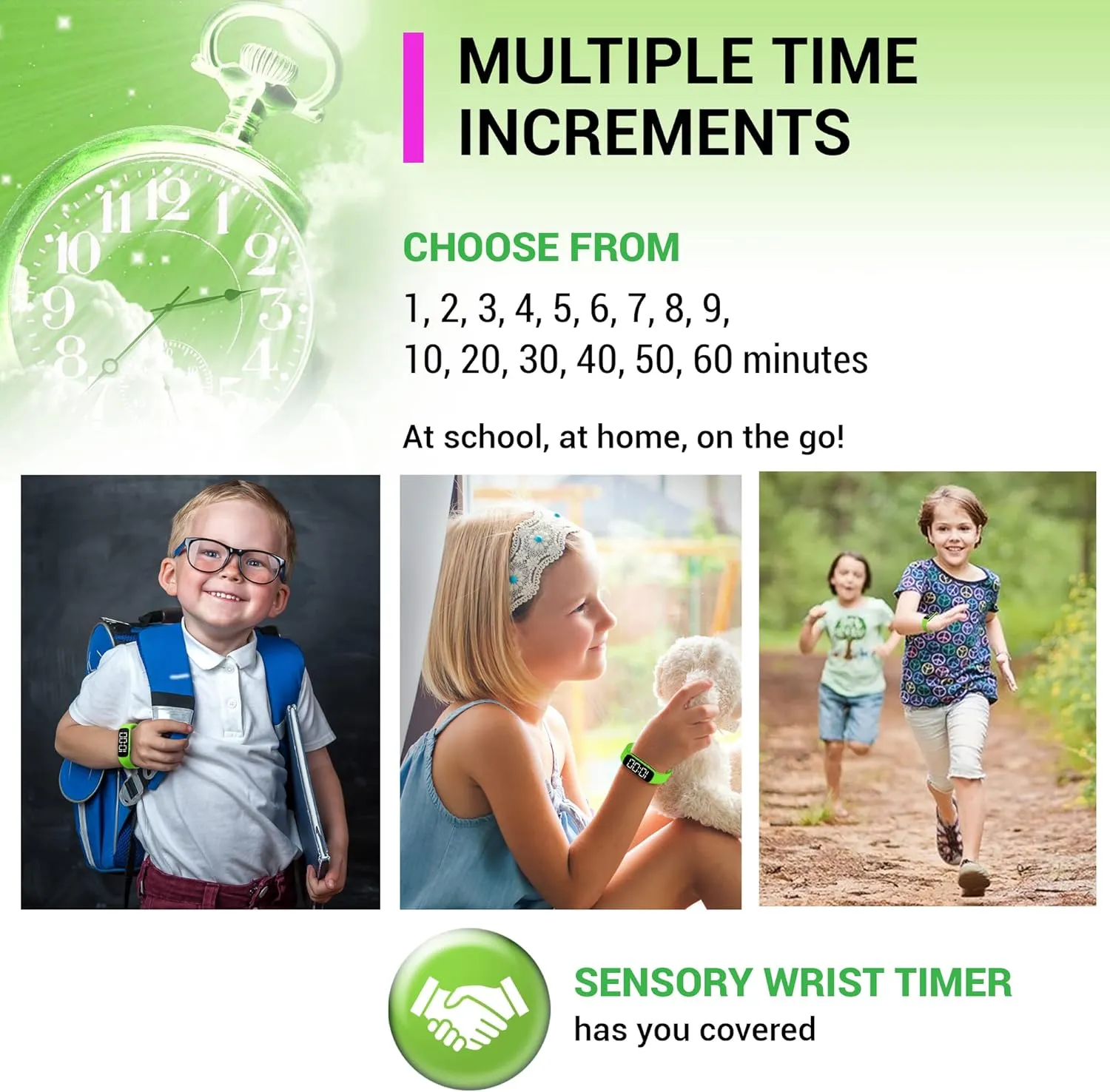 Sensory Wrist Timer for Kids, Teachers, Students, Simple Reminder Watch with Silent Alarm Clock Wristband, Classroom Countdown (Green)