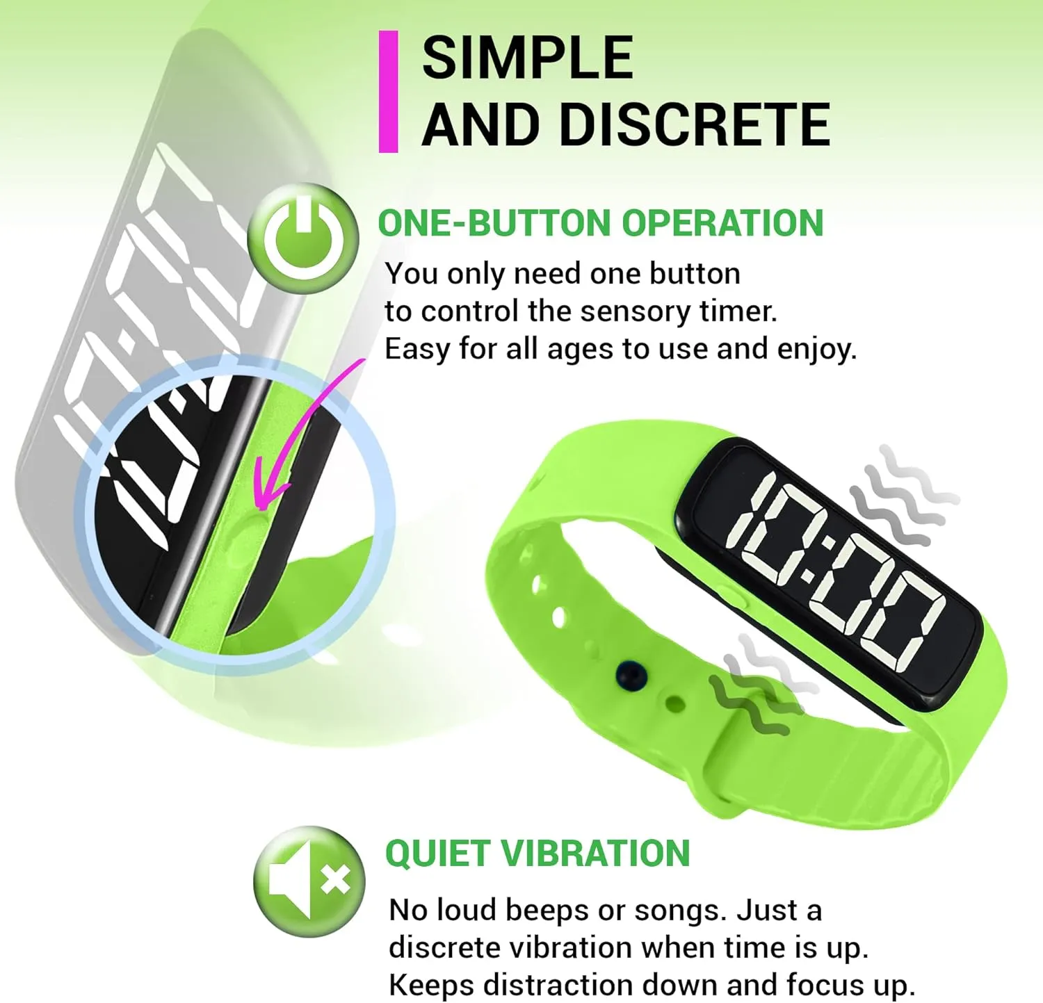 Sensory Wrist Timer for Kids, Teachers, Students, Simple Reminder Watch with Silent Alarm Clock Wristband, Classroom Countdown (Green)