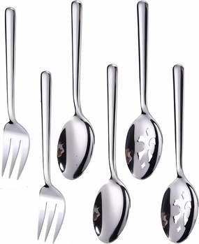 Serving Spoons*2 Slot Spoons* 2 Forks *2 Buffet Colander Stainless Steel Banquet Set, Set of 6. Lenght 9" (6-spoon forks set)