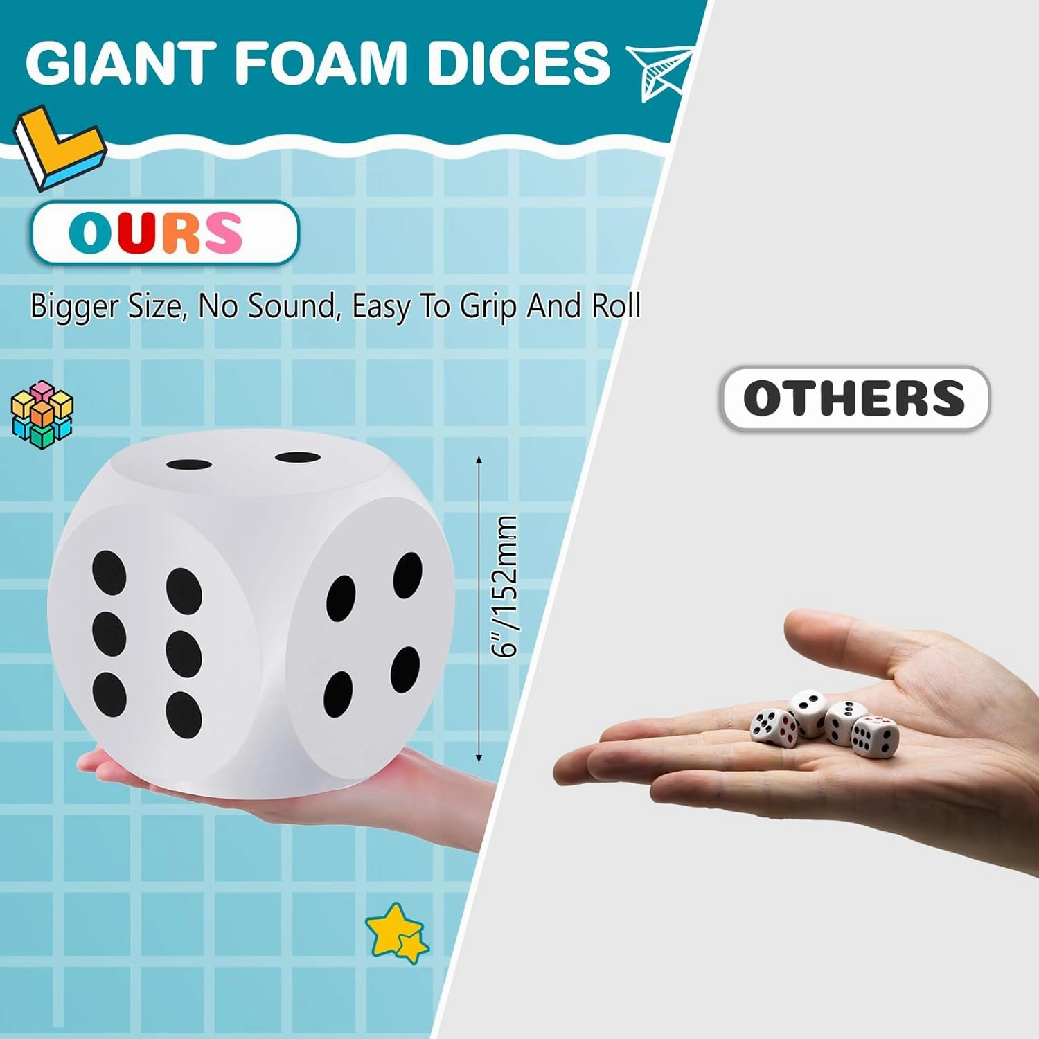 Shappy 6 Inches Foam Dice Fun Filled Large Educational Toy Kawaii Giant Dice Decorative Eva Foam Jumbo Cube Big Square Building Blocks for Game Nights Learning Sessions(White,2 Pcs)