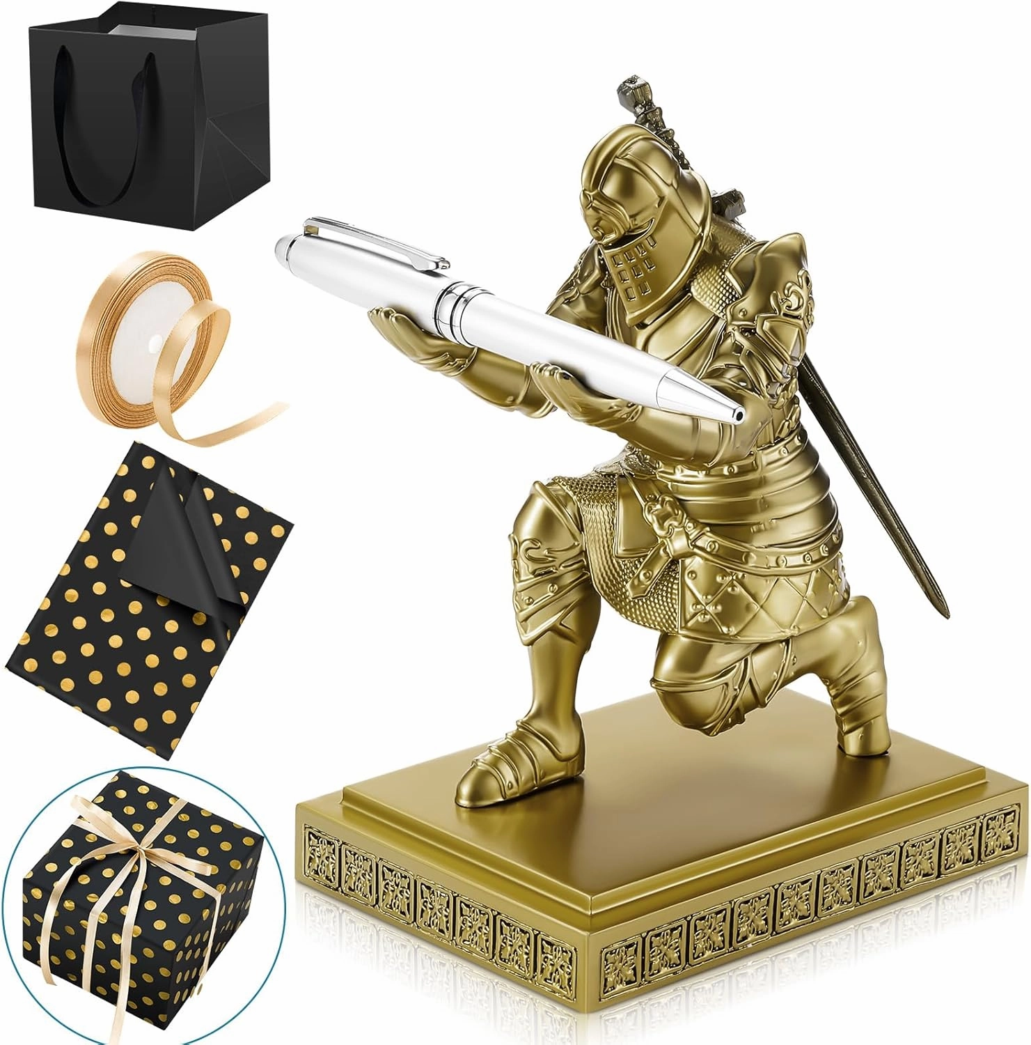 Sherr 1 Set Father's Day DIY Gift Set Knight Pen Holder for Desk with Sword Resin Knight Pen Holder Magnetic Organizers with Metal Sword King's Desk Accessories Stand Gift for Men Dad Friend Office