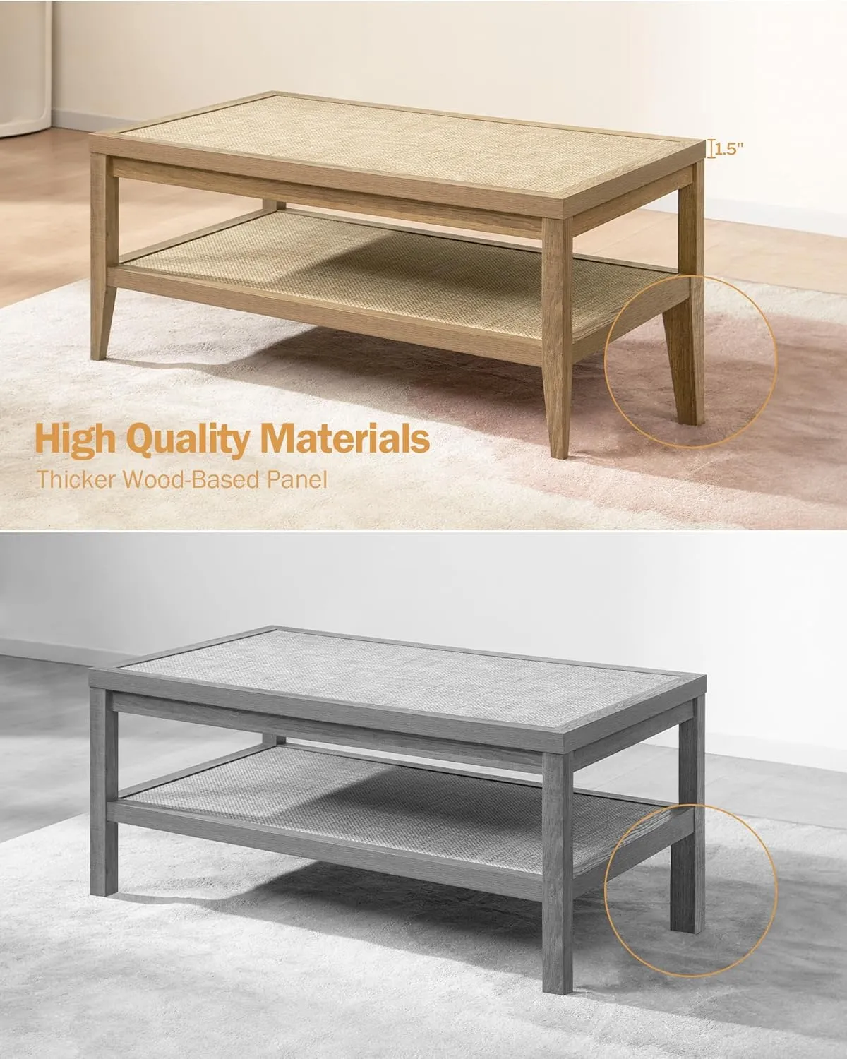 SICOTAS Rattan Coffee Table for Living Room, Farmhouse 2-Tier Dining Center Tables with Large Storage Shelves, Rectangle Accent Sofa Side Table for Small Space