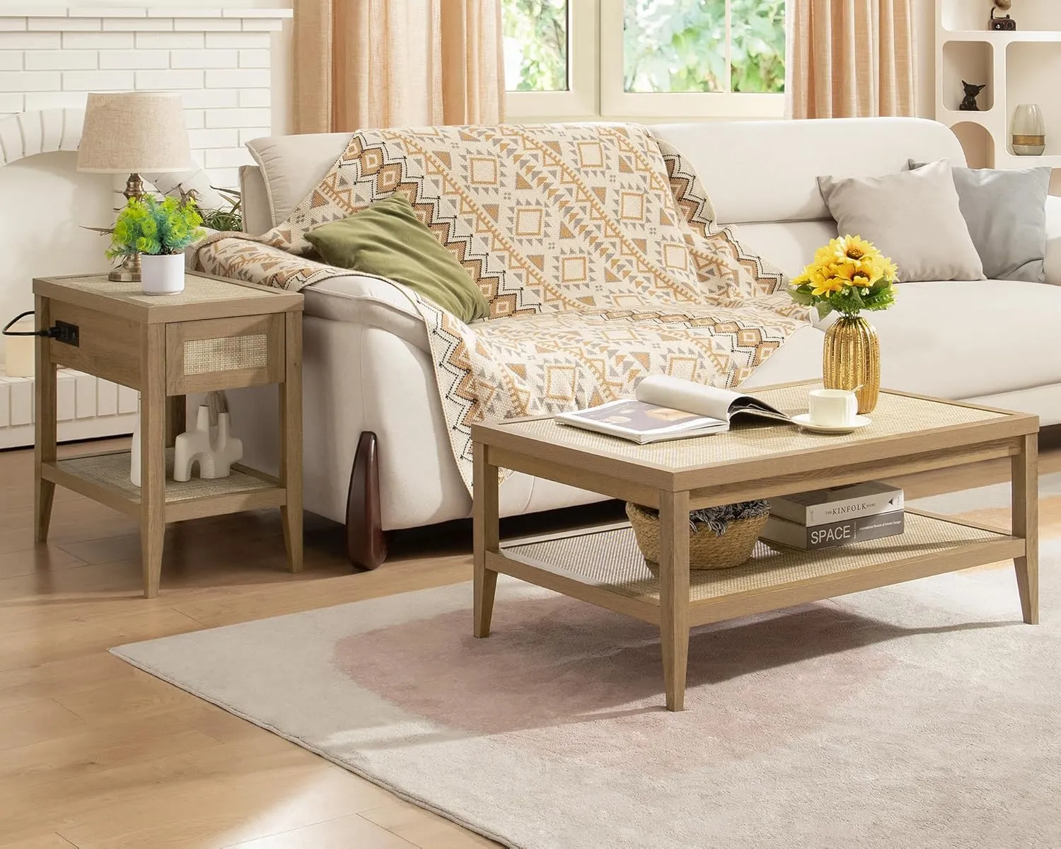 SICOTAS Rattan Coffee Table for Living Room, Farmhouse 2-Tier Dining Center Tables with Large Storage Shelves, Rectangle Accent Sofa Side Table for Small Space