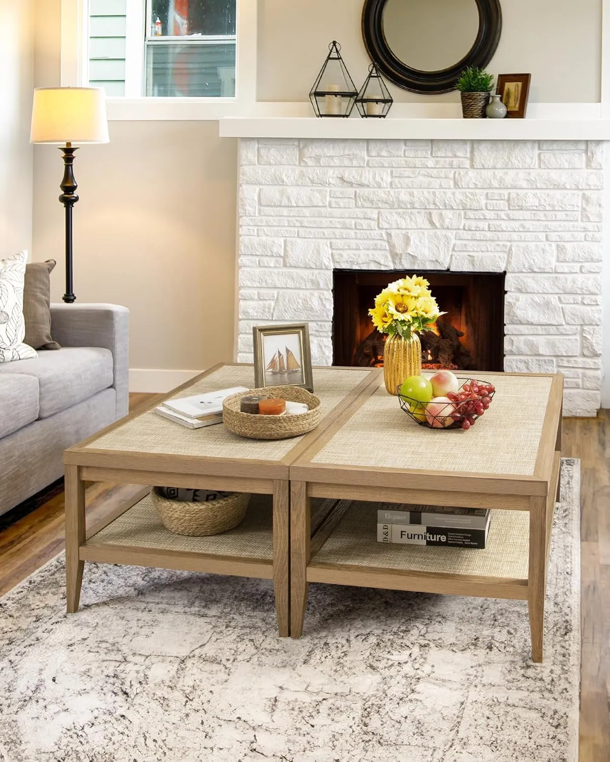 SICOTAS Rattan Coffee Table for Living Room, Farmhouse 2-Tier Dining Center Tables with Large Storage Shelves, Rectangle Accent Sofa Side Table for Small Space