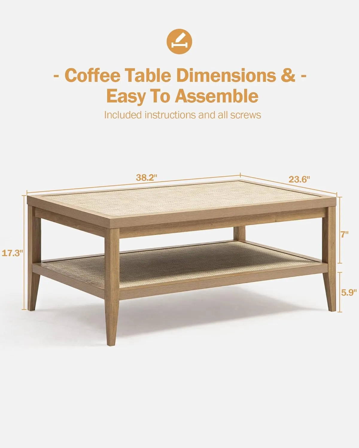 SICOTAS Rattan Coffee Table for Living Room, Farmhouse 2-Tier Dining Center Tables with Large Storage Shelves, Rectangle Accent Sofa Side Table for Small Space