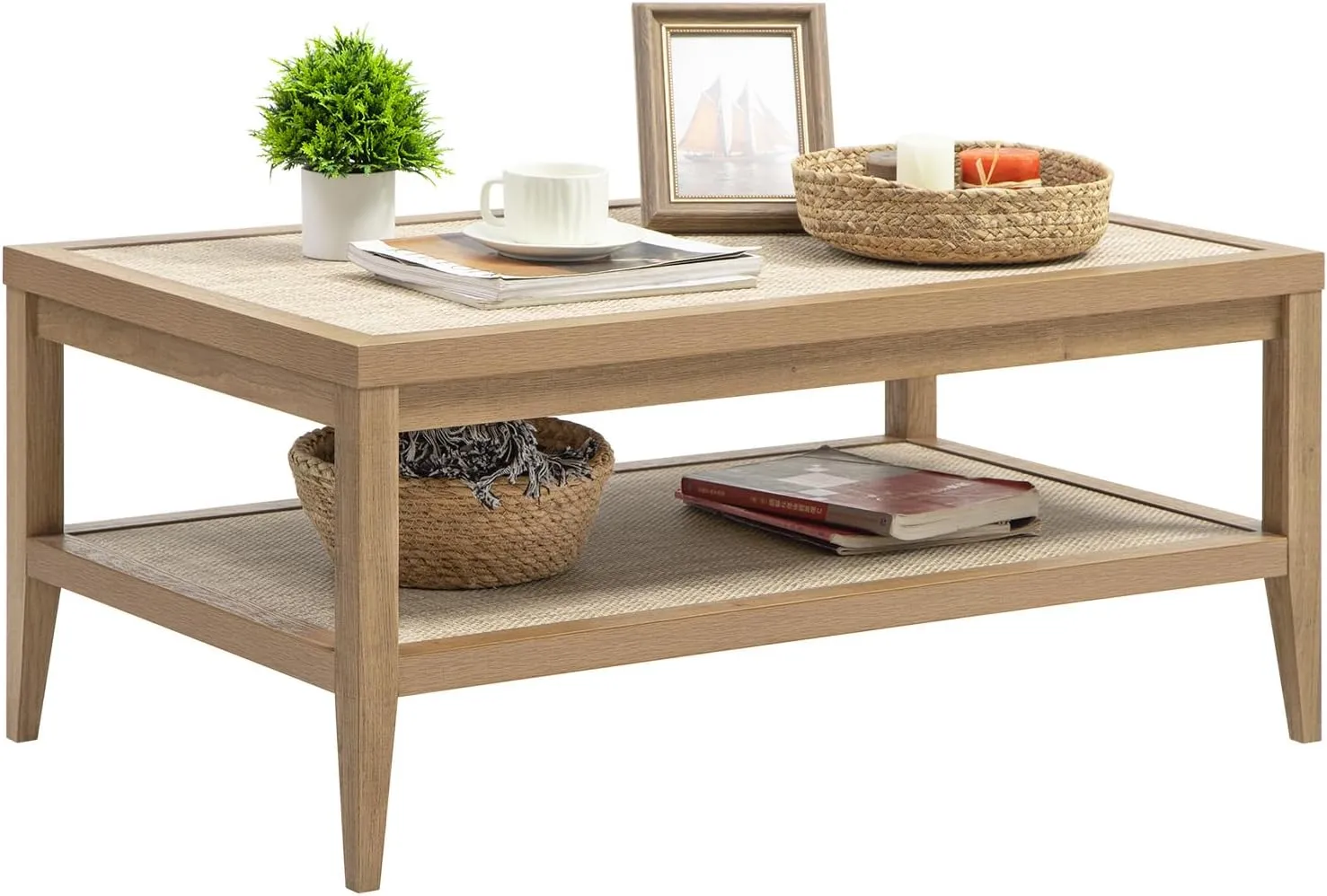 SICOTAS Rattan Coffee Table for Living Room, Farmhouse 2-Tier Dining Center Tables with Large Storage Shelves, Rectangle Accent Sofa Side Table for Small Space