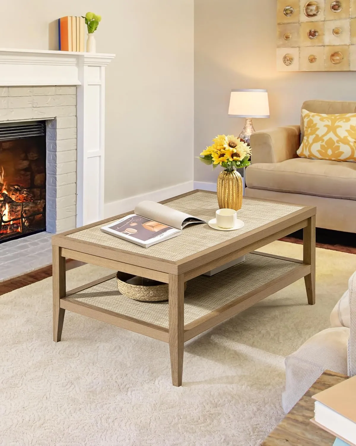 SICOTAS Rattan Coffee Table for Living Room, Farmhouse 2-Tier Dining Center Tables with Large Storage Shelves, Rectangle Accent Sofa Side Table for Small Space