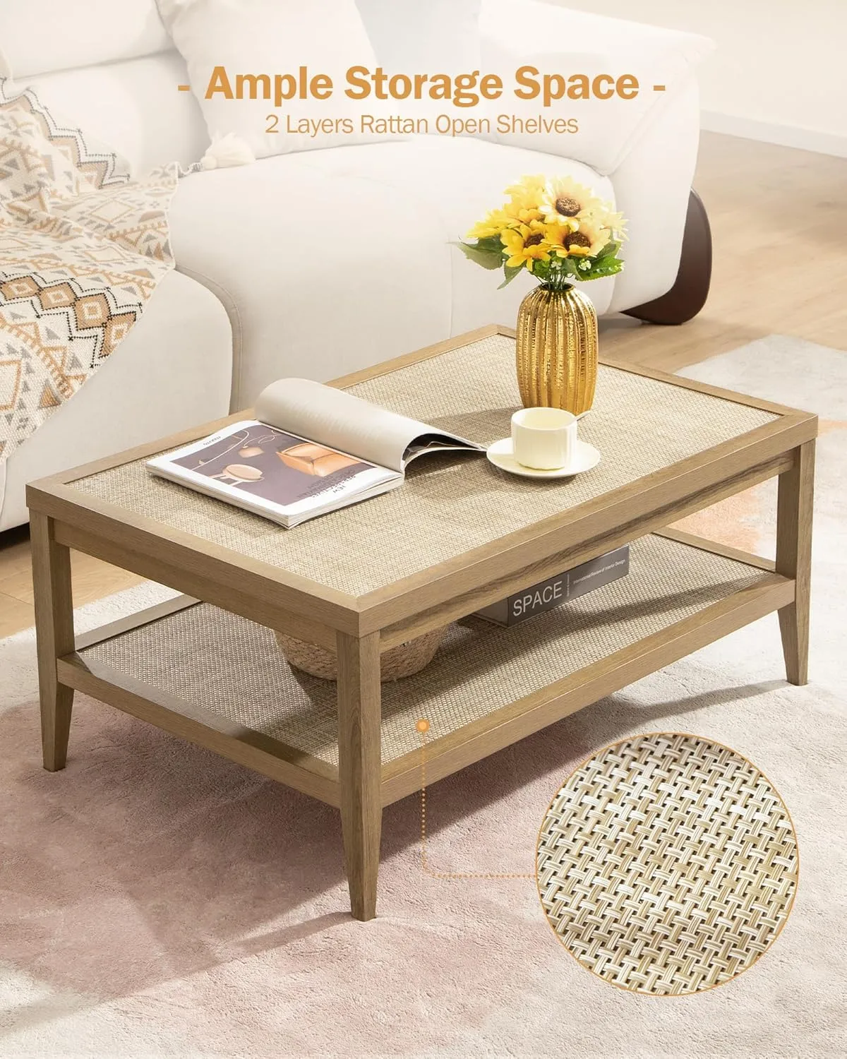SICOTAS Rattan Coffee Table for Living Room, Farmhouse 2-Tier Dining Center Tables with Large Storage Shelves, Rectangle Accent Sofa Side Table for Small Space