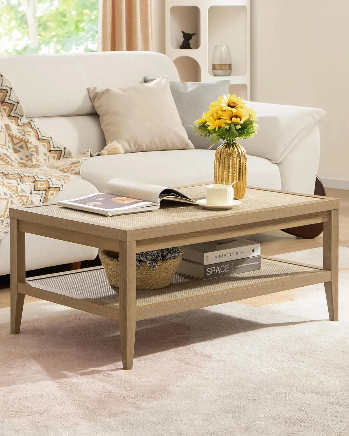 SICOTAS Rattan Coffee Table for Living Room, Farmhouse 2-Tier Dining Center Tables with Large Storage Shelves, Rectangle Accent Sofa Side Table for Small Space