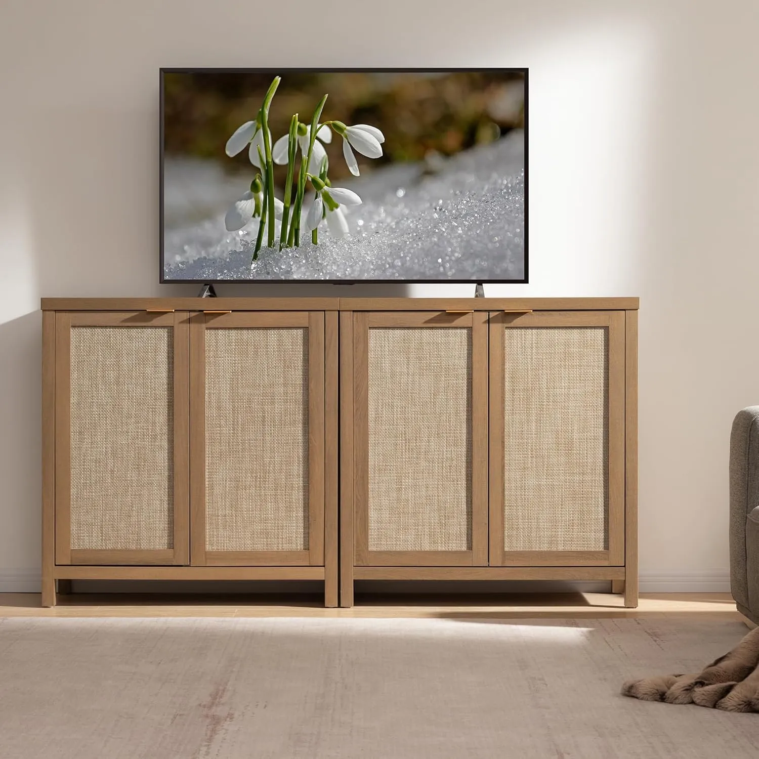 SICOTAS Rattan Sideboard Buffet Credenza Cabinet - 2 Pieces Larger Farmhouse Kitchen Coffee Bar Storage Cabinet with Storage - Boho Accent Console Table for Entryway Living Room - Oak