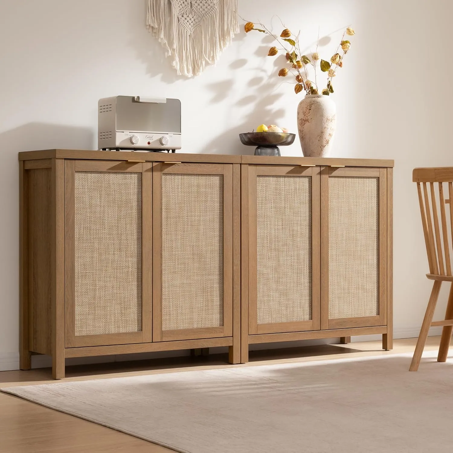 SICOTAS Rattan Sideboard Buffet Credenza Cabinet - 2 Pieces Larger Farmhouse Kitchen Coffee Bar Storage Cabinet with Storage - Boho Accent Console Table for Entryway Living Room - Oak