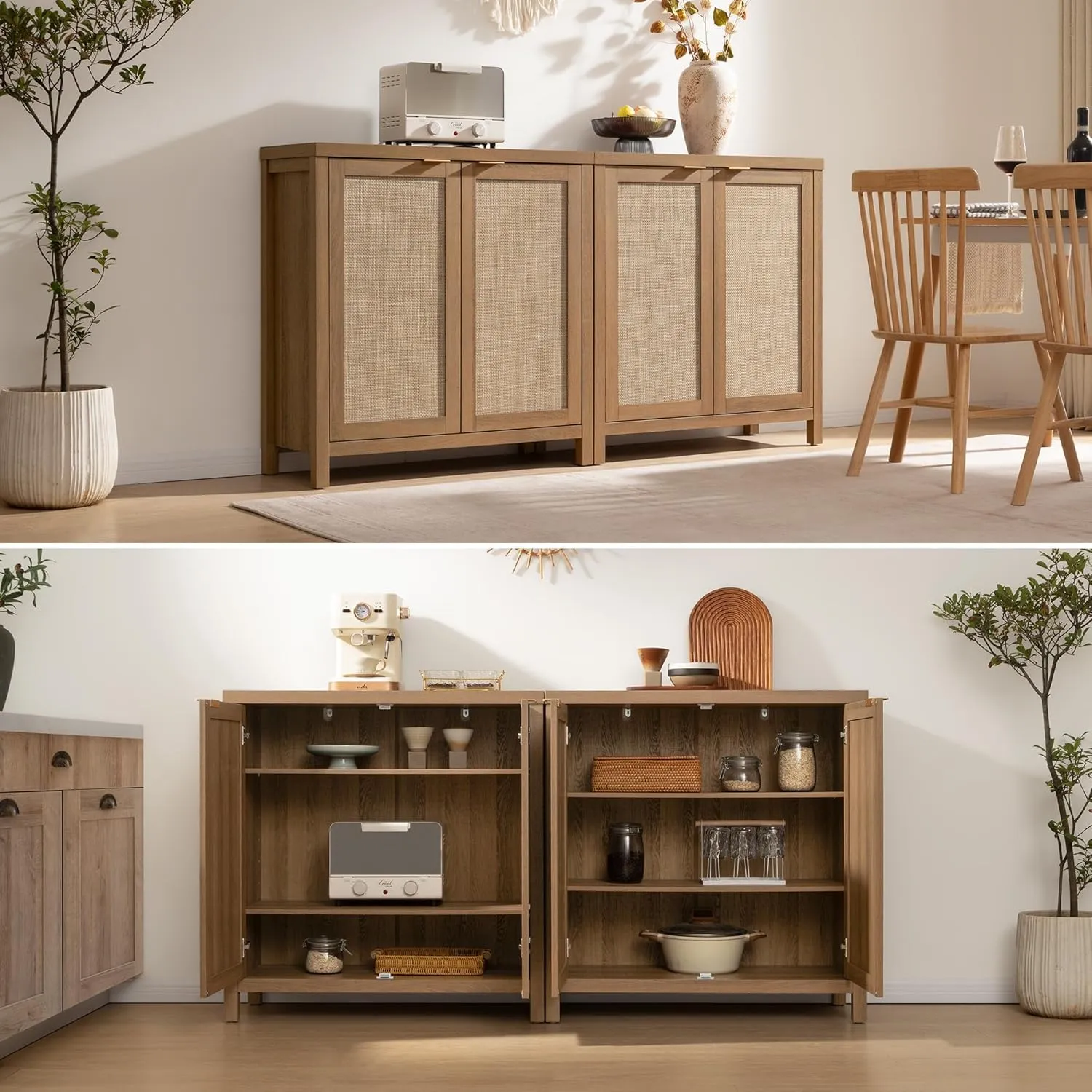 SICOTAS Rattan Sideboard Buffet Credenza Cabinet - 2 Pieces Larger Farmhouse Kitchen Coffee Bar Storage Cabinet with Storage - Boho Accent Console Table for Entryway Living Room - Oak