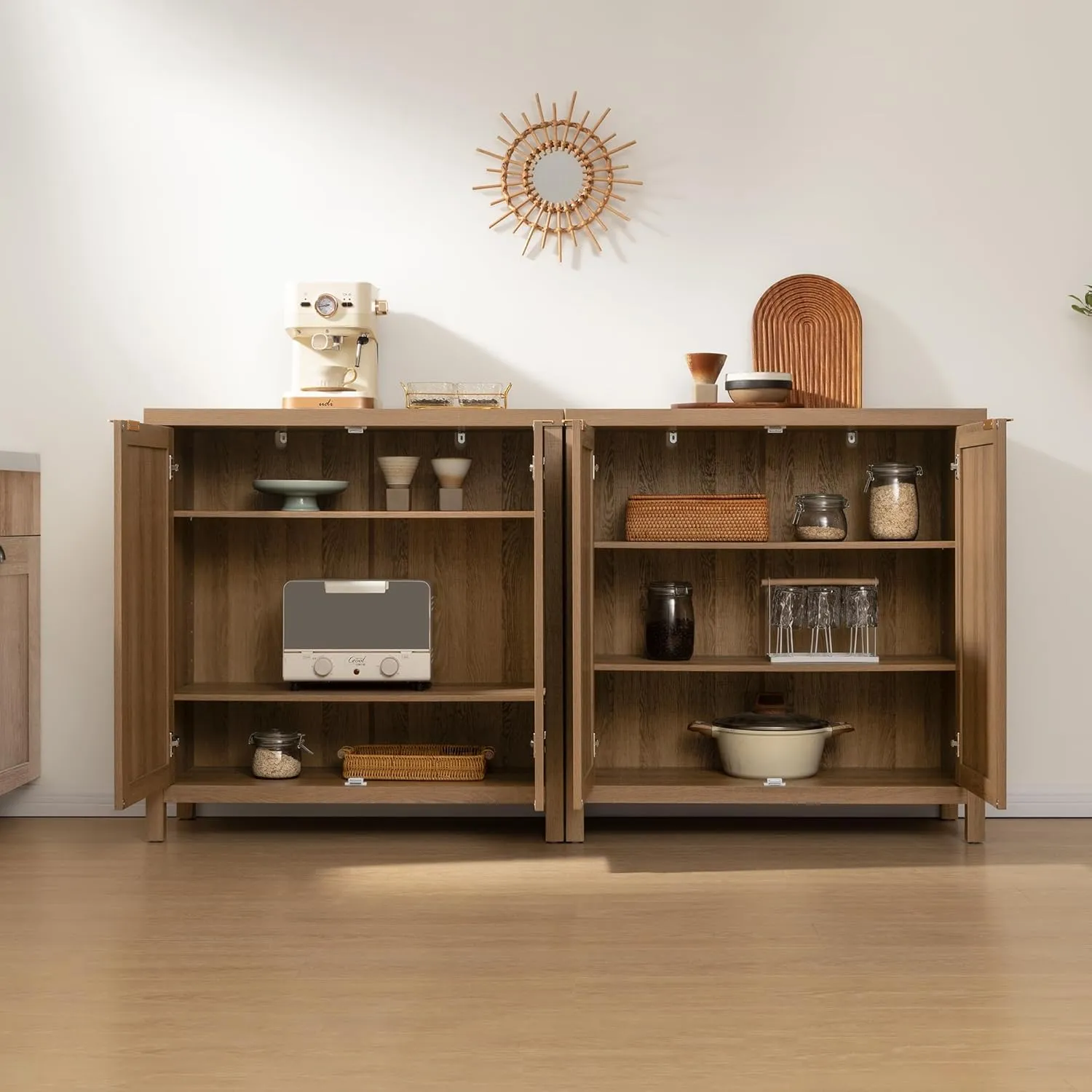 SICOTAS Rattan Sideboard Buffet Credenza Cabinet - 2 Pieces Larger Farmhouse Kitchen Coffee Bar Storage Cabinet with Storage - Boho Accent Console Table for Entryway Living Room - Oak