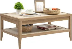 SICOTAS Rectangle Coffee Table for Living Room, Farmhouse Boho Center Table with 2-Tier Rattan Storage Shelves, Sofa Side Accent Table for Small Space, Oak
