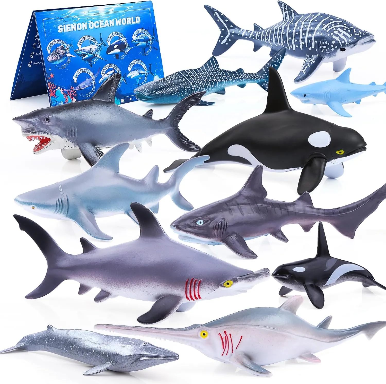 SIENON 11pcs Shark Figures with Booklet, Realistic Shark Toys, 7pcs 5.5” Lifelike Sea Creatures Bath Toys with 4pcs 3” Small Whale Shark Ocean Animal Figurines for Kids Educational Birthday Cake Décor