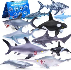 SIENON 11pcs Shark Figures with Booklet, Realistic Shark Toys, 7pcs 5.5” Lifelike Sea Creatures Bath Toys with 4pcs 3” Small Whale Shark Ocean Animal Figurines for Kids Educational Birthday Cake Décor